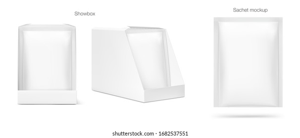 Set of blank sachet packaging in the show box mockup for food, cosmetic and hygiene. Vector illustration on white background. Ready for your design. EPS10.	
