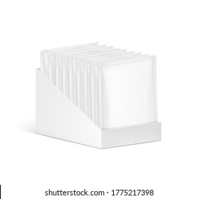 Set of blank sachet packaging in the show box mockup for food, cosmetic and hygiene. Vector illustration on white background. Ready for your design. EPS10.	