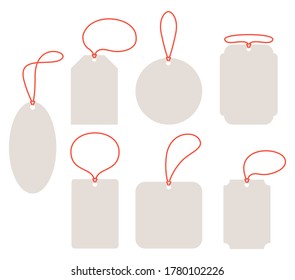 Set of blank sale shopping labels with rope. White paper material. Empty organic style stickers. Flat design isolated vector.