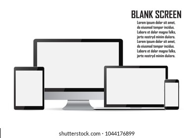 Set of blank screens. Computer monitor, laptop, tablet, smartphone.