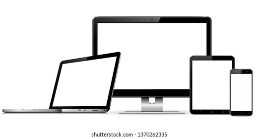 Set of blank screens with computer monitor, laptop, tablet, and smartphone