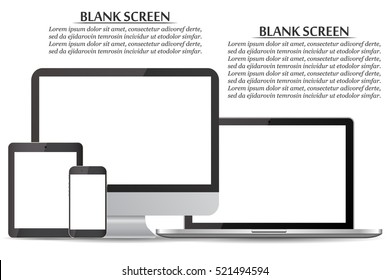 Set of blank screens. Computer monitor, laptop, tablet, smartphone