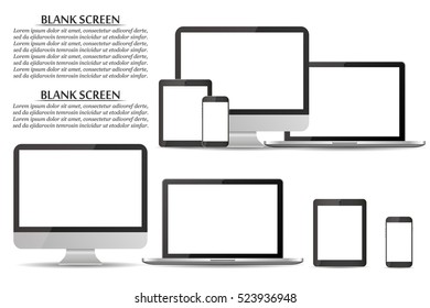 Set of blank screens. Computer monitor, laptop, tablet, smartphone