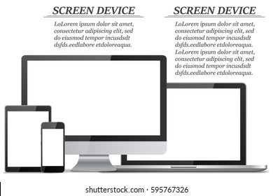 Set of blank screens. Computer monitor, laptop, tablet, smartphone