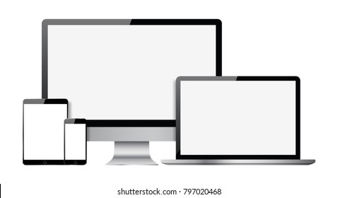 Set of blank screens with computer monitor, laptop, tablet, and smartphone