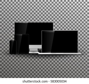Set of blank screens.Technology device. Computer monitor, laptop, tablet, smartphone isolated on transparent background.Vector illustration.
