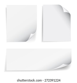 Set of blank sheet of paper with page curl and shadow effect, design element for advertising and promotional message isolated on white background. EPS 10 vector illustration.