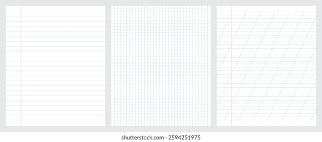 Set of blank sheets of lined, square and oblique line paper in school notebook format. Paper templates for notes, writing, sketching, and journaling. Ideal for school, office and work. 