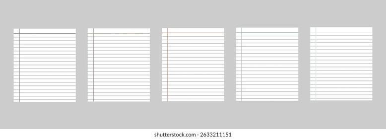 Coloque hojas de papel en blanco en estilo realista con sombras y líneas de páginas de papel blanco. conjunto de fondo de papel de cuaderno. Ilustración vectorial. 