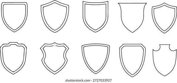 Conjunto de contornos de escudo en blanco y Formas de cresta heráldica, Vector lineal escudo de armas iconos, marcos de seguridad de protección aislados sobre fondo blanco