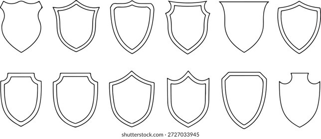 Conjunto de contornos de escudo en blanco y Formas de cresta heráldica, Vector lineal escudo de armas iconos, marcos de seguridad de protección aislados sobre fondo blanco