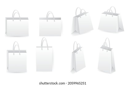 Set of blank shopping bags isolated on white background.Paper bag or packages mockups.Craft paper or cardboard with handles.Top, front and side views.3D realistic vector illustration.Template.