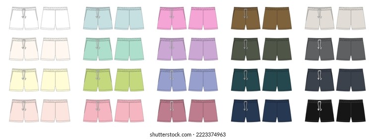 Set of blank shorts pants technical sketch design template. Diffirent colors. Casual shorts with pockets and lace collection. CAD mockup. Front and back. Fashion vector illustration.