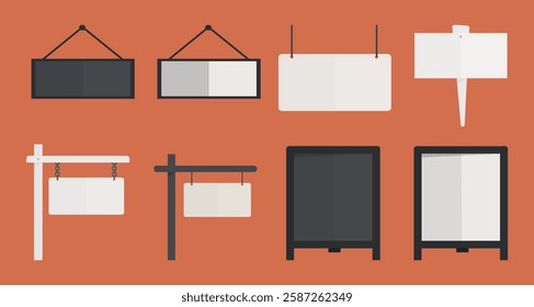 Set of blank signs and boards in various styles. Blank signs for customization. Use these blank boards for messages or ads. Versatile blank signs. Isolated illustration elements, vector set.