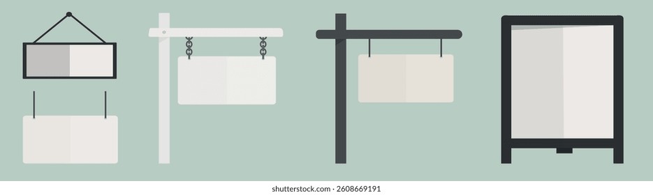Set of blank signs: hanging signs, standing signs, and framed signs. Perfect for mockups, these offer versatile design options. Isolated illustration elements, vector set.