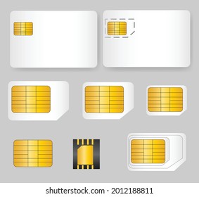 Satz leerer SIM-Karten.ID-Karte Muster-Vorlage.Realistische Vektorgrafik für Design.Mobile Handy.Zeichen, Symbol, Symbol oder Logo einzeln auf dem Hintergrund.EMV Gold-Chip.Konzept der Technologie.