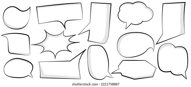 Set of blank space speech bubble vector. Dialog, talk, speech, think, cloud, announced speech balloon gray shadow, white empty template. Design suitable for comic text, sticker, banner, chat icon.