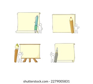 Set with blank spaces for text, pen and doodle man. Icon of document, message, diploma, banner with empty note, paper page isolated on white background, vector hand drawn illustration