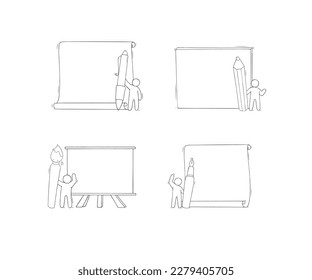 Se establece con espacios en blanco para texto, lápiz y garabato. Icono de documento, mensaje, diploma, banner con nota vacía, página de papel aislada en fondo blanco, ilustración de vector dibujada a mano
