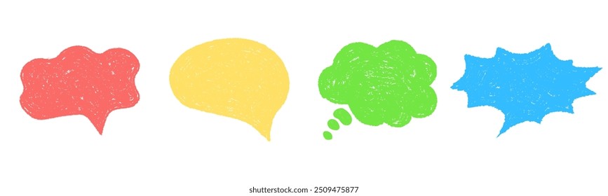 Conjunto de bolhas de fala em branco que rabiscam.  Mensagem colorida com giz na nuvem , balão de conversa cômico.    Textura do sinal de diálogo grunge textura. Ilustração de vetor desenhada à mão, em cores pastel 