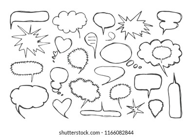 Set of blank speech bubbles in the style of handmade graphics. Isolated on white background