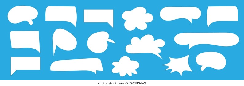 Set of blank speech bubbles in various shapes. Vector illustration of empty white speech bubbles for text. Cartoon-style chat and message boxes for dialogue, conversation, and communication designs.