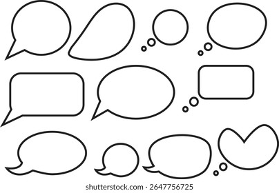 Set of Blank Speech and Thought Bubble Outline Vector Icons for Comic Dialogues, Message Design, and Communication Templates