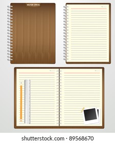 Set of Blank spiral notebook with brown wood cover. and Keep the pencil, instant photo. Vector template for design work