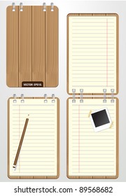 Set of Blank spiral notebook with brown wood cover. and Keep the pencil, instant photo. Vector template for design work