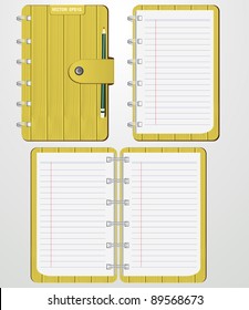 Set of Blank spiral notebook with yellow wood cover. and Keep the pencil, instant photo. Vector template for design work