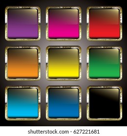 Set of blank square multi color backgrounds with a golden frame, with space for your text. Vector illustration.