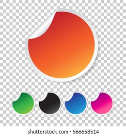 Set of blank stickers. Empty promotional labels. Vector illustration. Green, blue, orange, violet, black round circle tags.