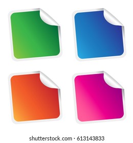 Set of blank stickers. Empty promotional labels. Vector illustration. Green, blue, orange, violet, square tags.