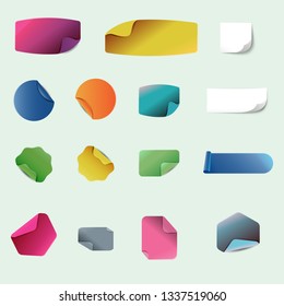 Set of blank stickers.Promotional labels. Vector illustration. Vector set of round adhesive stickers with a folded edges. Blank templates. Empty mockup of tags with a realistic textures. 