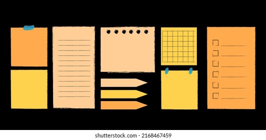 Set of blank sticky notes. Notebook pages. Paper organizers.