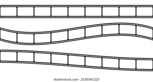 Set of blank straight and curved film strips. Horizontal video or photo camera tapes isolated on white background. Storyboard layouts. Vintage frames for photographic collage. Vector illustration.