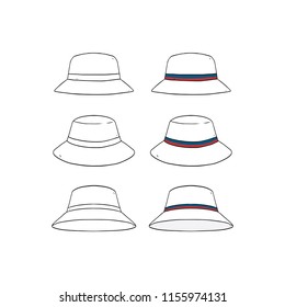 Set of blank striped bucket hat design template hand drawn vector illustration.