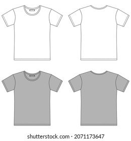 Set of blank t shirt outline sketch. Apparel t-shirt CAD design. Isolated technical fashion illustration. Front and back vector. Black and gray. Mockup template.