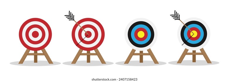 Conjunto de blancos en blanco y con flechas aisladas en fondo blanco. Diseño para íconos, tiro, tiro con arco o objetivos de negocio. Ilustración vectorial.