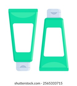 Set of blank teal cosmetic tubes. Cream, lotion, shampoo, gel package. Hygiene, skincare, personal care product concept. Flat vector illustration isolated on white background, mockup with copy space