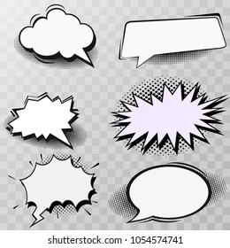 Set of blank template in Pop Art style. Vector Comic Text Speech Bubble Halftone Dot Background. Empty Cloud of Comics book dialog Space for Cartoon Box pop-art