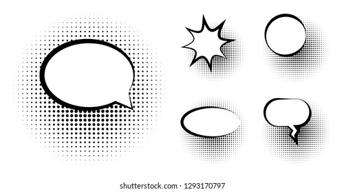 Set of blank template in Pop Art style. Vector Comic Text Speech Bubble Halftone Dot Background. Empty Cloud of Comics book dialog Space for Cartoon Box pop-art. Set of Pop Art