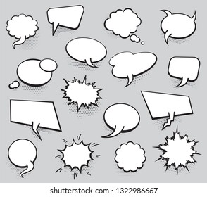 Set Of Blank Template In Pop Art Style. Vector Comic Text Speech Bubble Halftone Dot Background. Empty Cloud Of Comics Book Dialog Space For Cartoon Box Pop-art. 