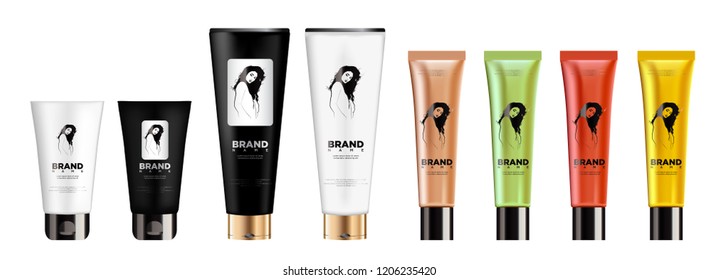 Set of blank template of realistic containers for cosmetic products. Realistic tubes for gel, care cream or essence.
With a label depicting a beautiful girl. Isolated vector illustration.