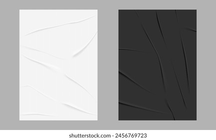 Set of blank template white and black glued crumpled paper 3D.Banner, poster with copy space.Vector stock illustration.