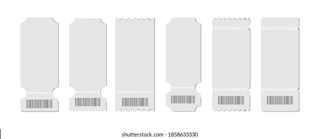 Set of blank templates tickets with barcodes, coupons and vouchers. Ticket and voucher mockups, white cardboard texture. Concert and cinema ticket, discount voucher and gift coupon template