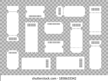 Set of blank templates tickets with barcodes, coupons and vouchers. Ticket and voucher mockups, white cardboard texture. Concert and cinema ticket, discount voucher and gift coupon template