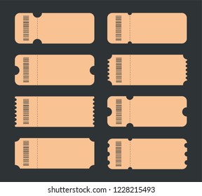 Set of blank ticket. Ticket icons. Ticket with barcode. Vector illustration.