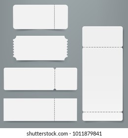 Set of blank ticket mockup template. Realistic White paper coupon isolated on grey background. Cinema, party, circus, festival or concert tickets design. Vector eps 10.