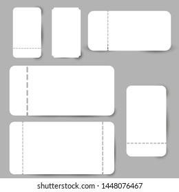 	
Set of blank ticket mockup template. Realistic White paper coupon isolated on grey background. Cinema, party, circus, festival or concert tickets design.